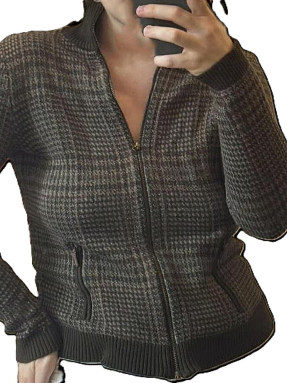 Vintage Ralph Lauren Womens Brown Houndstooth Cotton Knit Zip Jacket size M